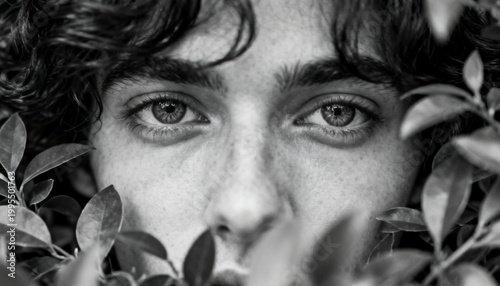 portrait captures a young woman with striking emerald eyes framed by blooming white flowers, evoking a sense of ethereal beauty and natural grace.