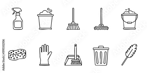 Cleaning tools and supplies arranged on a surface for household chores