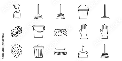 Cleaning tools and supplies are neatly arranged on a surface.