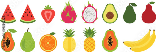 Colorful Fruit Vector Set with Watermelon, Pineapple, Avocado, Papaya, and More for Healthy Eating and Nutrition Designs