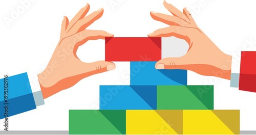 Hands building tower with colorful blocks business strategy collaboration teamwork concept illustration.
