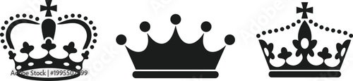 Crown Icon Set, Simple Royal Crown Symbol Collection, Black Silhouette Crown Designs, Luxury and King Queen Royalty Concept Vector Illustration Pack