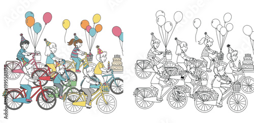 Happy Kids Riding Bicycles at a Birthday Party with Balloons and Cake Illustration and Line Art Coloring Page Vector for Children