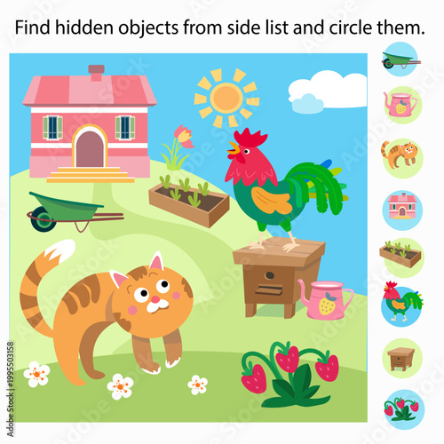 Find hidden objects from side list and circle them farm game. Educational vector puzzle for kids shows cute cat rooster and country house in sunny garden. Fun logical activity helps children develop