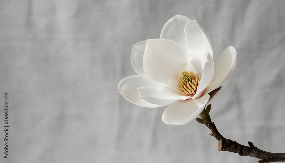 Fototapeta premium Elegant white magnolia blossom with dark stem on a textured gray background for a minimalist wellness and spa concept with soft lighting