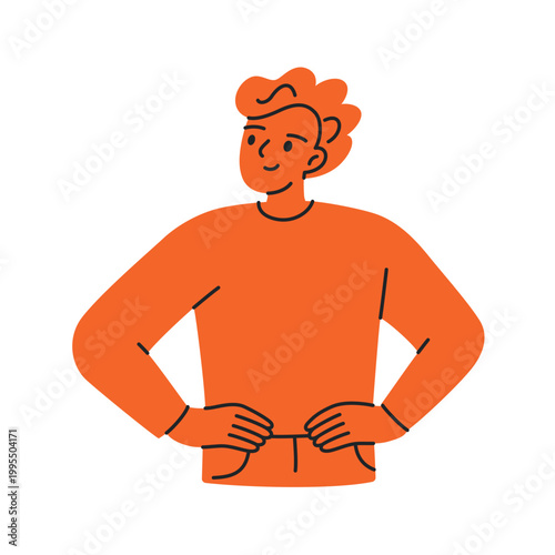 Confident monochrome male character standing proud with hands on hips, flat cartoon man showing self assurance and joy. Calm and positive mindset, personal strength vector illustration