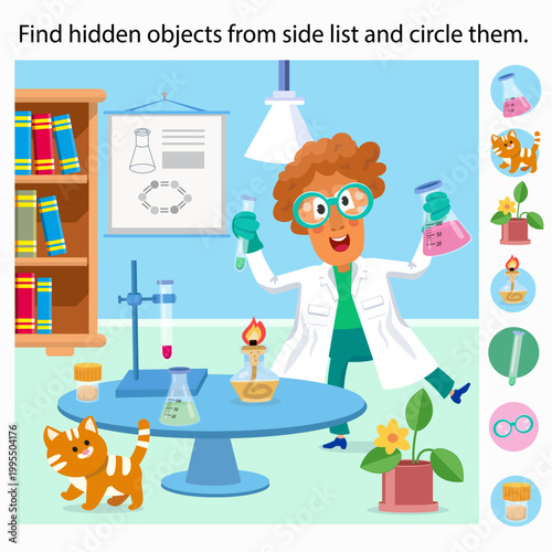 Find hidden objects from side list and circle them laboratory science game. Man scientist conducts chemistry experiments in lab with cute ginger cat and professional equipment. Educational vector