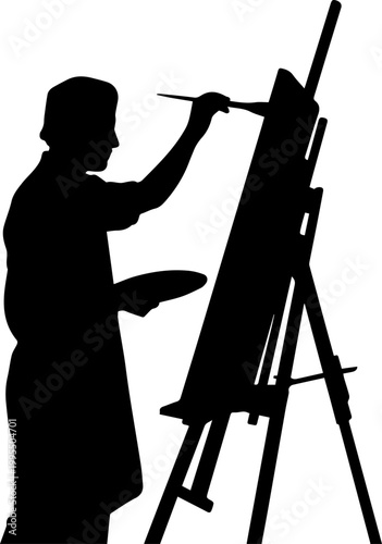 Silhouette of a male artist painting on a canvas with a palette and brush vector illustration