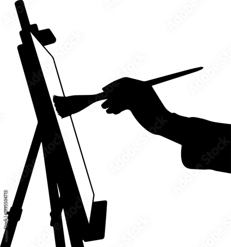 Black Silhouette of an Artist Hand Painting on a Canvas with an Easel Vector Illustration