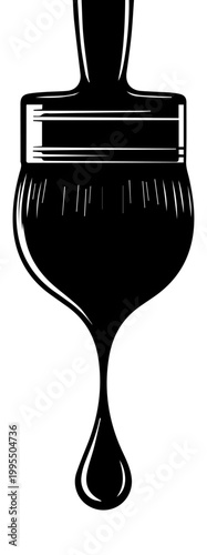 Paintbrush with Dripping Liquid and Paint Drop Black and White Vector Illustration