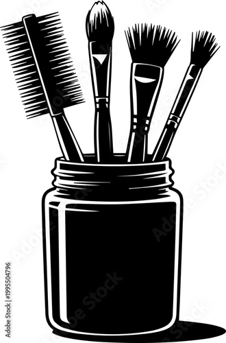 Vector Illustration of Art Paintbrushes and Tools in a Jar Container Black and White Graphic Design Element