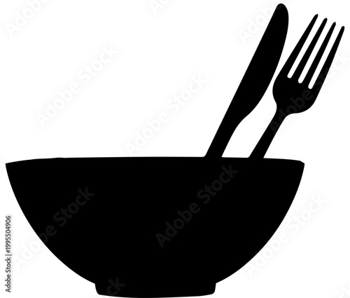 Black Silhouette Vector Illustration of a Food Bowl with Fork and Knife Cutlery for Restaurant Kitchen and Dining Design