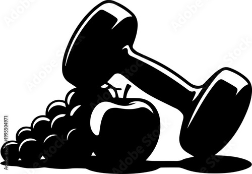 Black and White Fitness Vector Illustration with Dumbbell Apple and Grapes for Healthy Lifestyle Concept