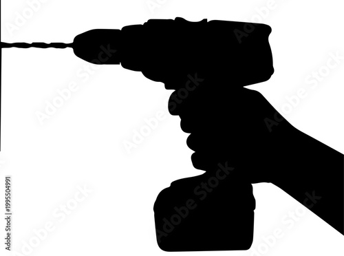 Hand Silhouette Holding Cordless Power Drill Vector Illustration Black on White Background