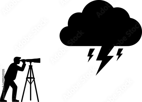Minimalist black silhouette of a person observing a storm cloud with lightning bolts through a telescope on a tripod