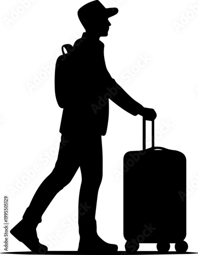 Black Silhouette of a Male Traveler Walking with a Suitcase and Backpack Vector Illustration