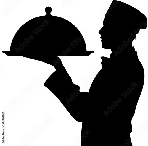 Black Silhouette of a Chef Holding a Covered Serving Tray or Cloche for Restaurant Food Service and Fine Dining