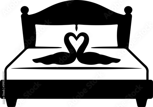 Romantic Hotel Bed with Heart Shaped Swan Towels Silhouette Vector Icon for Honeymoon Suite or Wedding Concept
