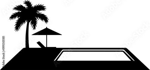 Swimming Pool Silhouette with Palm Tree Beach Umbrella and Lounge Chair Vector Illustration