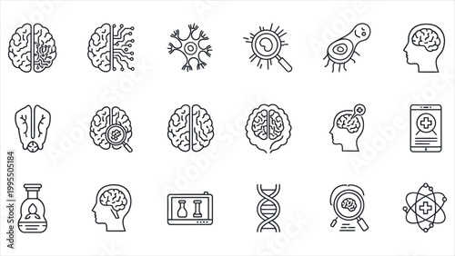 Neuroscience and Artificial Intelligence Line Icon Set