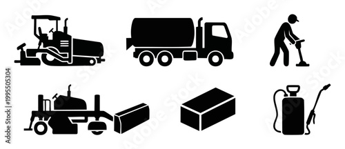 Construction Equipment Icons Set, Road Work Machinery and Labor Tools, Flat Black Vector Illustrations for Infrastructure, Paving, Building Maintenance and Industrial Site Projects on White Background