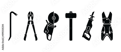 Construction Tools Icon Set: Crowbar, Bolt Cutters, Grinder, Sledgehammer, Reciprocating Saw and Tin Snips for Professional Demolition, Renovation, and Heavy-Duty Manual Labor Projects on White Backgr
