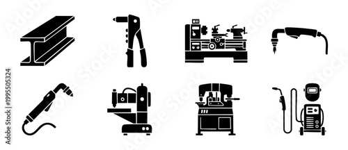 Industrial Manufacturing Icons Set: Metalworking Machinery and Welding Equipment for Fabrication, Engineering, Metal Construction, Factory Production, and Mechanical Assembly Tools Vector Black Symbol