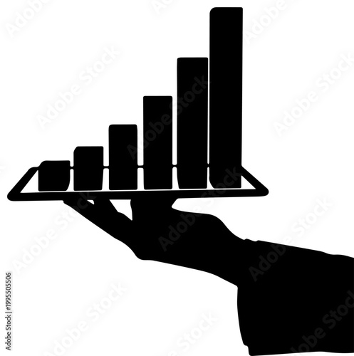 Black Silhouette of a Hand Holding a Growing Bar Chart on a Tablet Representing Financial Growth and Business Success