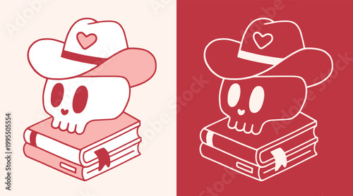 Cowgirl dark romance books skull wearing cowboy hat with heart goth western reader cute book pile outline drawing. Girly country theme pink and red preppy bookish aesthetic funny sticker flat design.