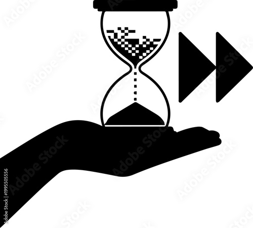 Hand Silhouette Holding an Hourglass with Fast Forward Arrows Symbolizing Time Management and Speeding Up Time Vector Icon