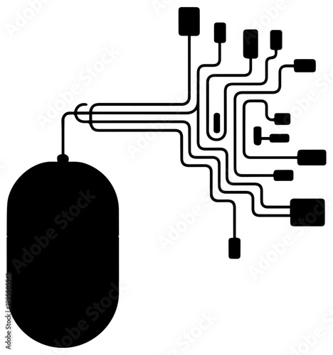 Black Silhouette of a Computer Mouse with an Integrated Circuit Board Pattern Cable on a Plain White Background