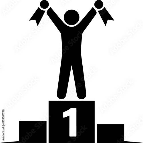 Champion Athlete Standing on First Place Winner Podium with Medals Flat Vector Icon Silhouette