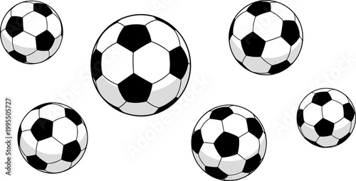Set of Different Sized Black and White Soccer Balls for Sports, Football Games, Training, and Team Activities