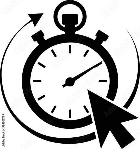 Black and White Stopwatch Icon with Cursor and Circular Arrow Vector Symbolizing Efficiency and Speed