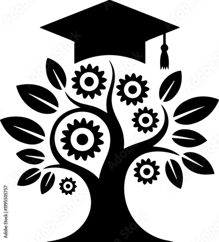 STEM Education Concept Vector Illustration of a Tree with Mechanical Gears and a Mortarboard Cap for Technical Learning and Growth