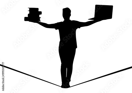 Silhouette of Person Balancing Books and Laptop on Tightrope Representing Work Life Balance and Modern Education