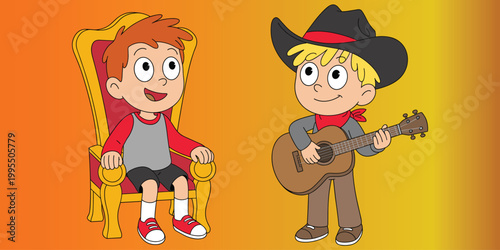 Cartoon characters musician illustration, playful seated figure artwork, cheerful interaction design concept scene, colorful entertainment representation, flat vector illustration