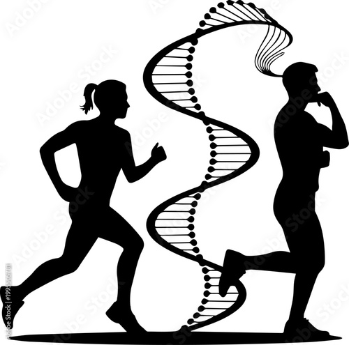 Running Man and Woman Silhouettes with DNA Helix for Sports Science and Genetics Concept