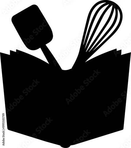 Black silhouette icon of a cookbook with a whisk and spatula sticking out, perfect for culinary and recipe concepts