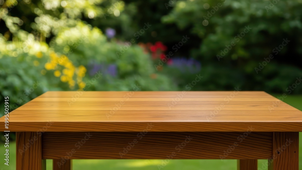 Fototapeta premium Brown wooden outdoor garden table.