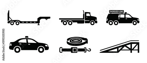 Oversized Load Transportation Icons Set for Heavy Haulage and Logistics Services, featuring flatbed trailer, pilot car, cargo straps, and loading ramp silhouettes for construction and shipping industr