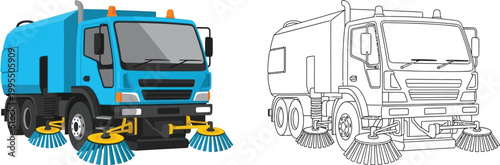 Blue street sweeper truck flat vector illustration for urban cleaning services and municipal works isolated on white