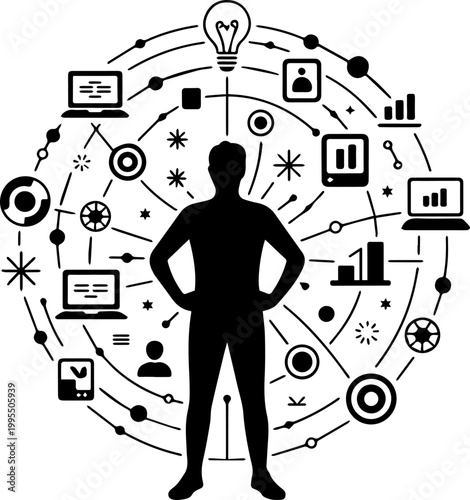 Black and White Vector Silhouette of a Man at the Center of a Digital Business Ecosystem and Innovation Network