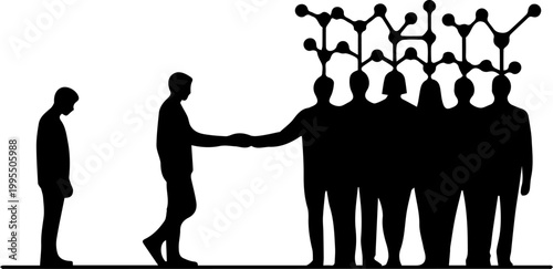 Conceptual Silhouette Illustration of Professional Networking Social Integration and Group Connectivity with Handshake and Collective Mind