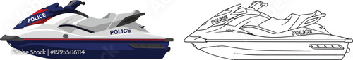 Police jet ski watercraft for law enforcement patrol vector illustration and outline for design