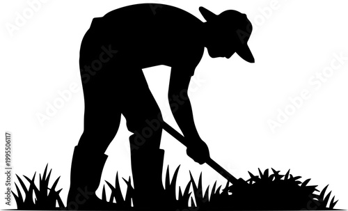 Black Silhouette of a Farmer Working in a Field with a Hoe Vector Illustration