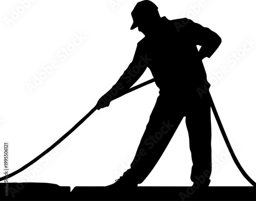 Black Silhouette of a Construction Worker or Cleaner Using a Floor Scraper or Squeegee Tool on a Flat Surface