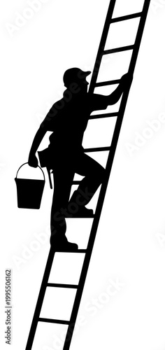 Black silhouette of a male worker or painter climbing a ladder while carrying a bucket isolated on white background