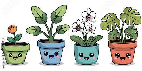 Cartoon potted plant illustration, cute smiling face artwork, playful botanical design concept scene, cheerful nature representation, flat vector illustration
