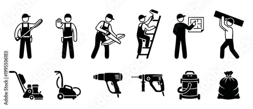 Construction Worker Icons Set - Professional Builder Tasks and Tools Symbols, Featuring Manual Labor Actions, Power Equipment, and Building Site Maintenance Pictograms for Infrastructure and Renovatio